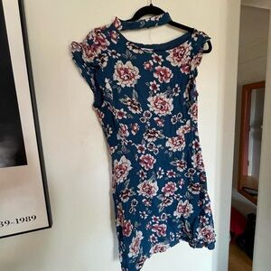 Jack by BB Dakota blue, white, and pink floral mini dress with detached collar